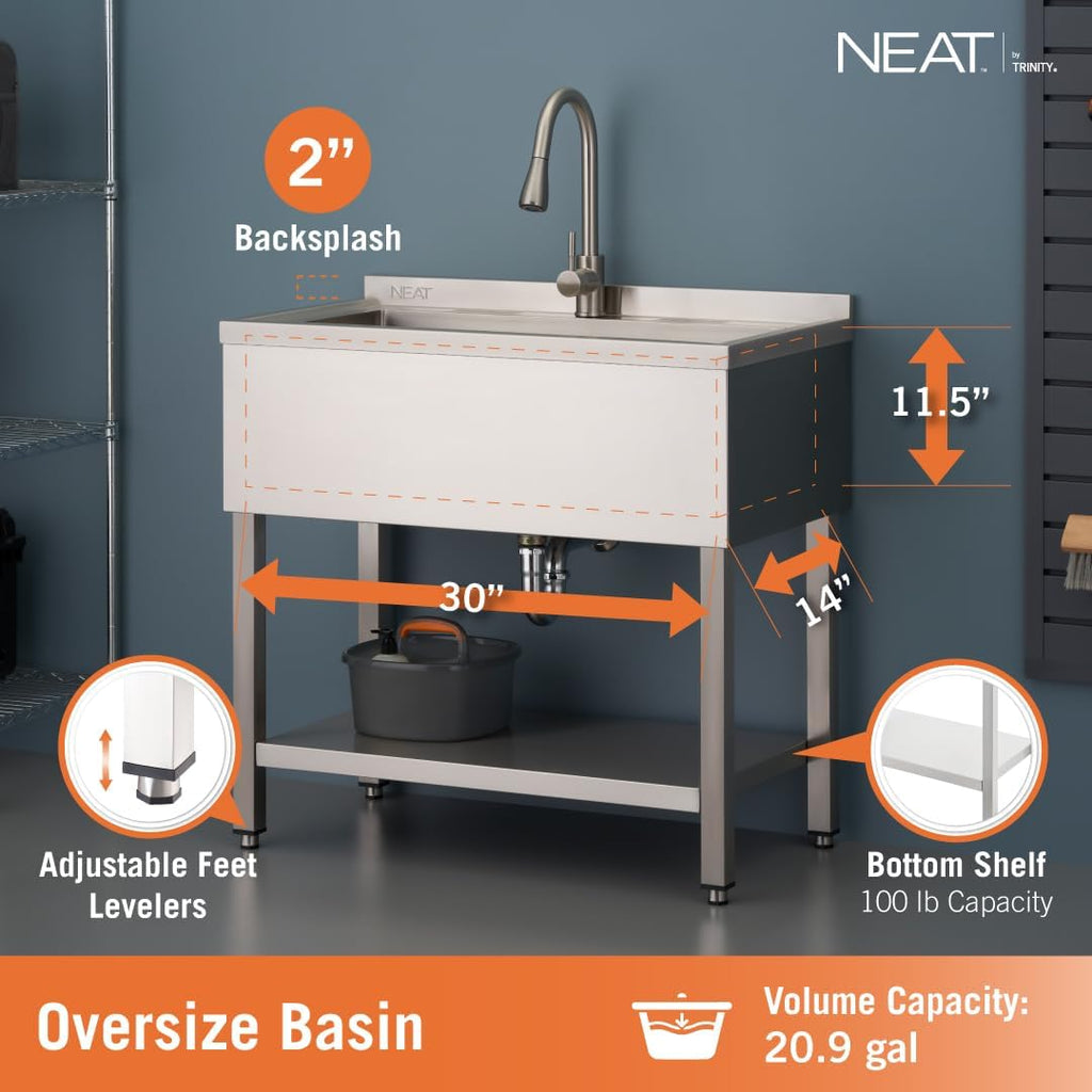 36" NSF EcoStorage Stainless Steel Utility Sink w Faucet