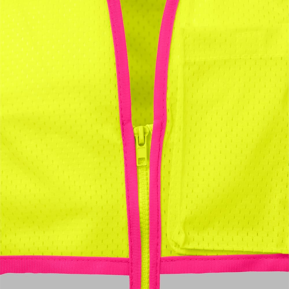 1284-LZ-PT-4-XL ANSI Class 2 Polyester Mesh SAFETY Vest with Zipper & 2" Silver Reflective Tape w/Pink Trim, Lime