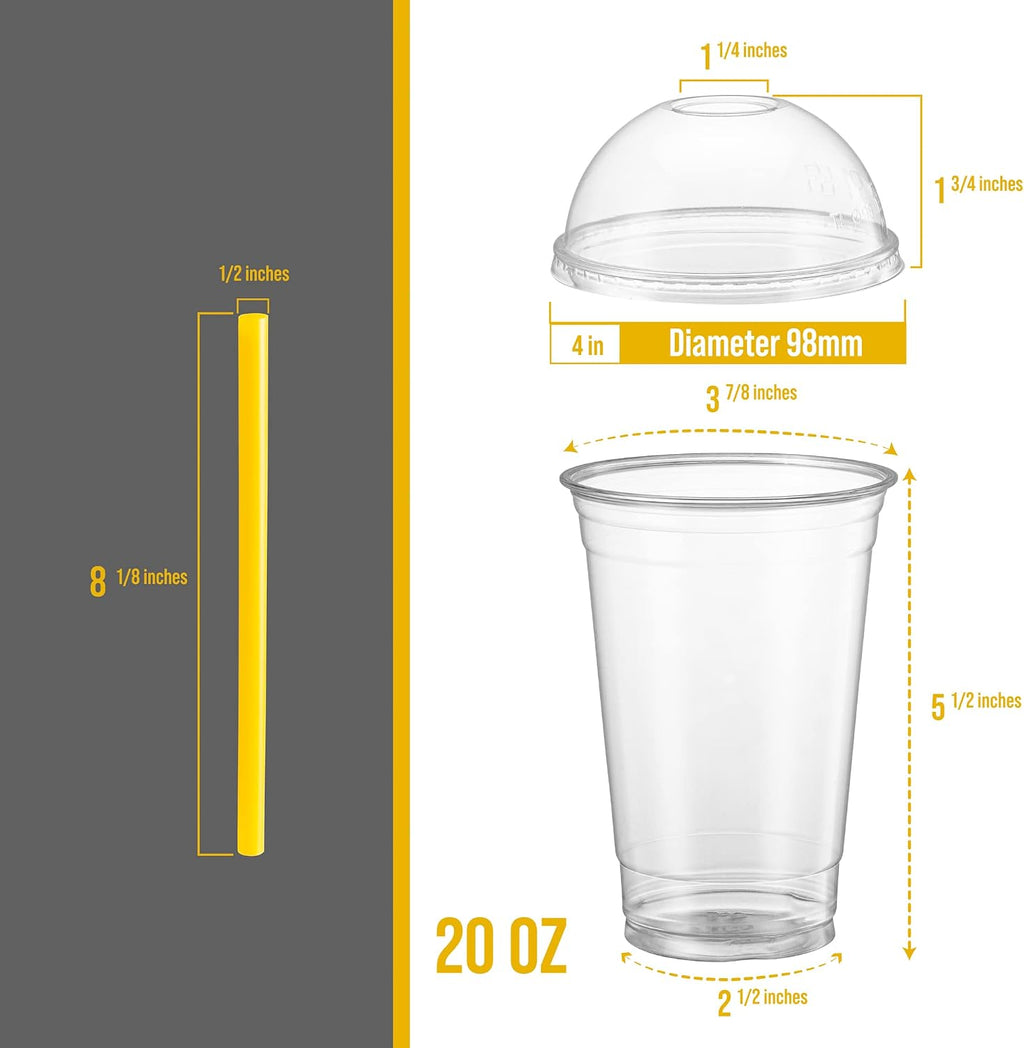 20 oz Clear PET Cups With Dome lids & Straws for Iced Coffee 40 Sets