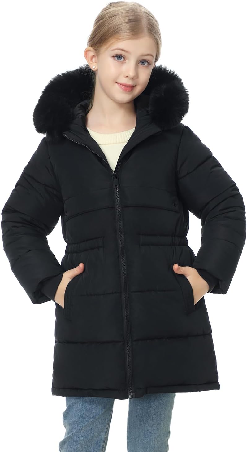 Girl's Winter Long Coat Parka Warm Hooded Puffer Jackets | Waterproof Polyester, Windproof Full Zipper, Ribbed Cuffs