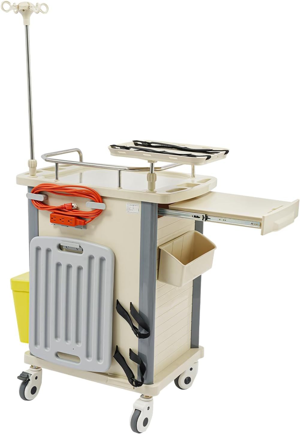Medical Rolling Crash Cart with Drawers, Rolling Medical Cart, Adjustable IV Pole, CPR Board, O2 Holder, Trash Bin