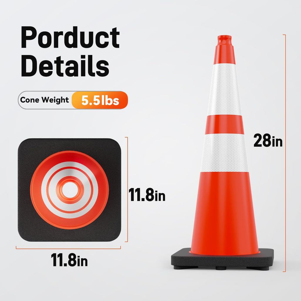 6 Pack 28" Traffic Cones with Weighted Base, Orange | Reflective Strip Aids Visibility; Stackable Storage; PVC