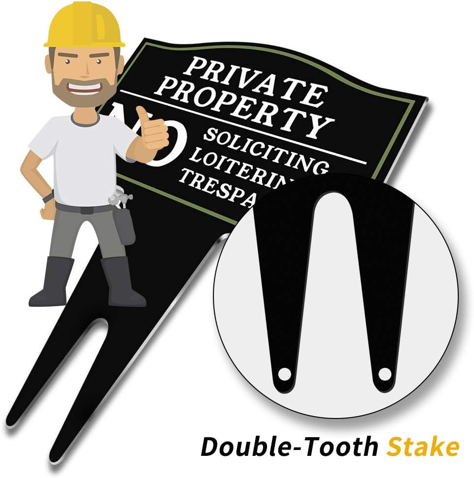 Private Property No Trespassing, No Soliciting and No Loitering Signs with Stake, 16x12.5 Inch Rust Free Metal Yard