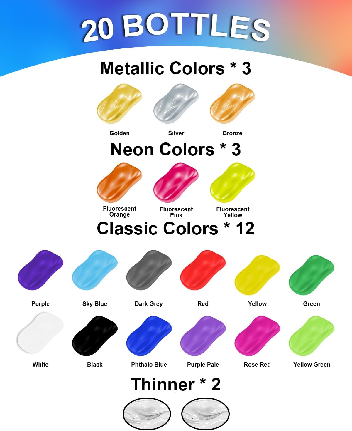 Airbrush Paint, 18 Colors with 2 Thinner for Models & Crafts | Water-Based, Ready to Spray, Acrylic Air Brush Paints