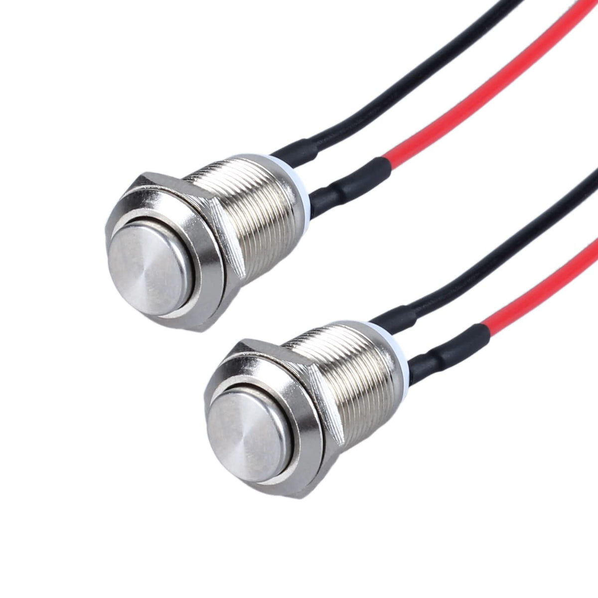 2-Pack 12mm Momentary Metal Waterproof Push Button Switch Raised Head 1/2" Mounting Hole with Pre-soldered Cable 250V 2A 1NO
