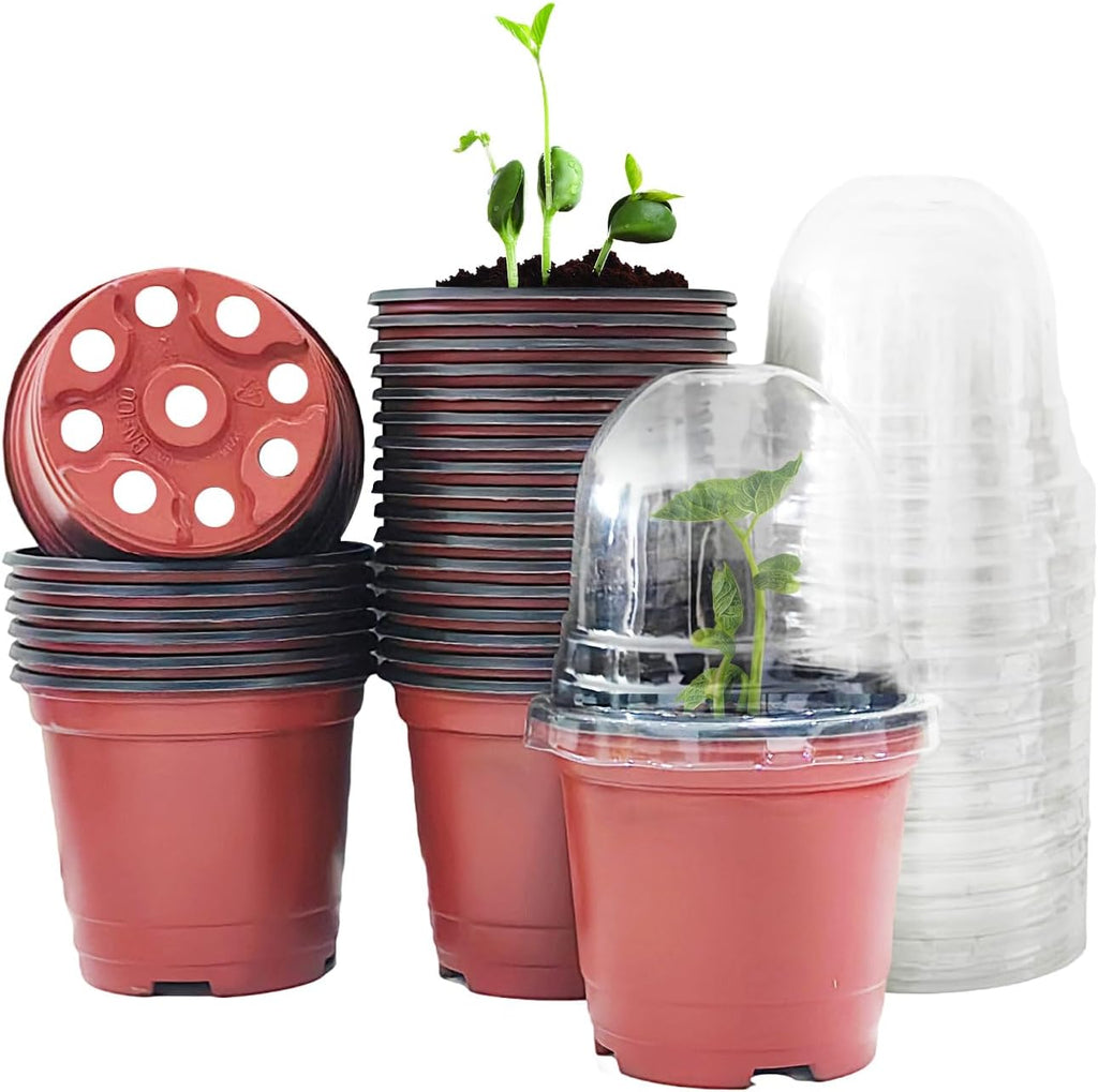 Plant Nursery Pots with Humidity Domes, 25 Sets 4 Inch Soft Nursery Pots Quality Ones (25 Red Pots + 25 Clear Lids)