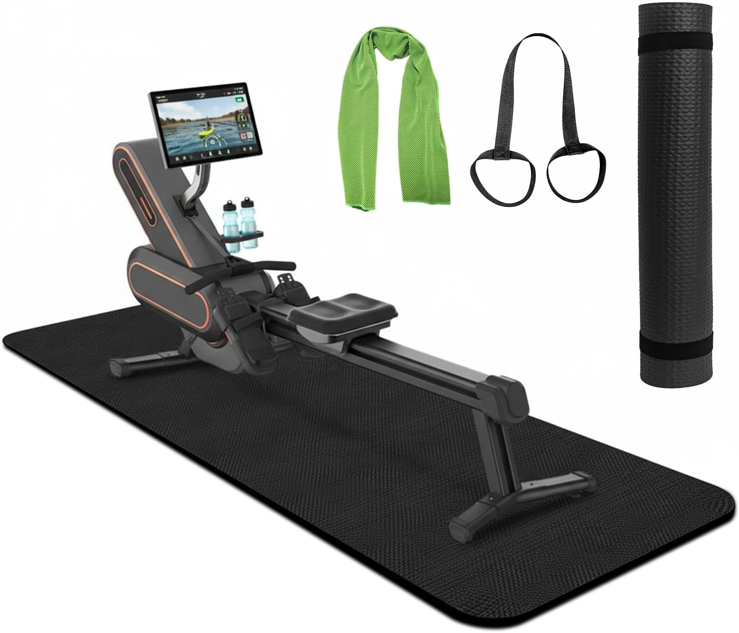Rowing Machine Mat 96" x 28" With Sports Towel and Strap,Treadmill Mat Compatible with Peloton Bike, Row & Concept 2