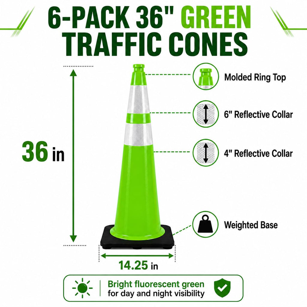 6 Pack 36 Inch Green Traffic Cones with Wide Weighted Base
