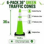 6 Pack 36 Inch Green Traffic Cones with Wide Weighted Base