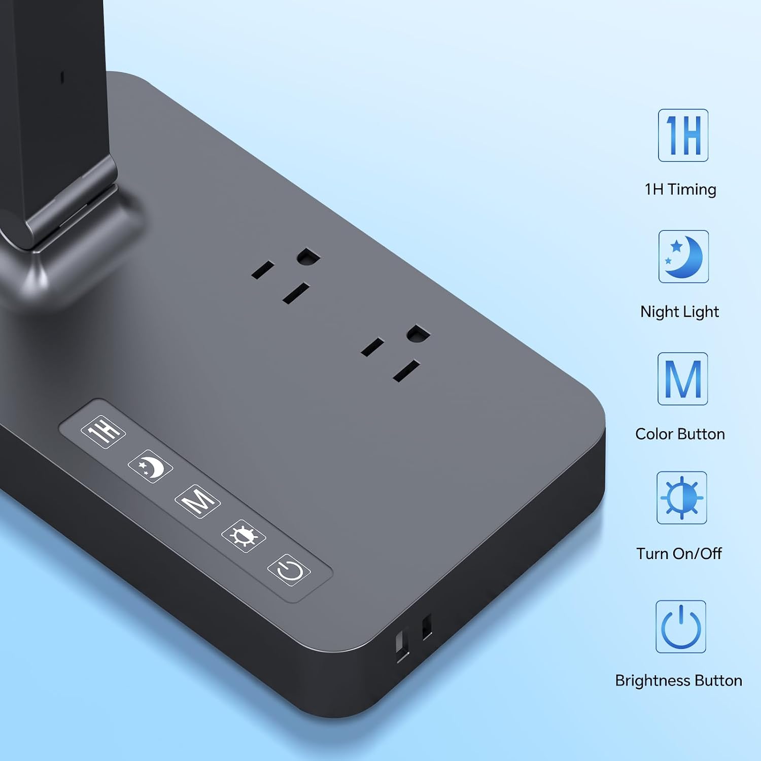 LED Desk Lamp with Power Strip: Table Lamp with Charging Station - 2 Outlets 1 USB-A Ports 1 Type-C Ports, Surge