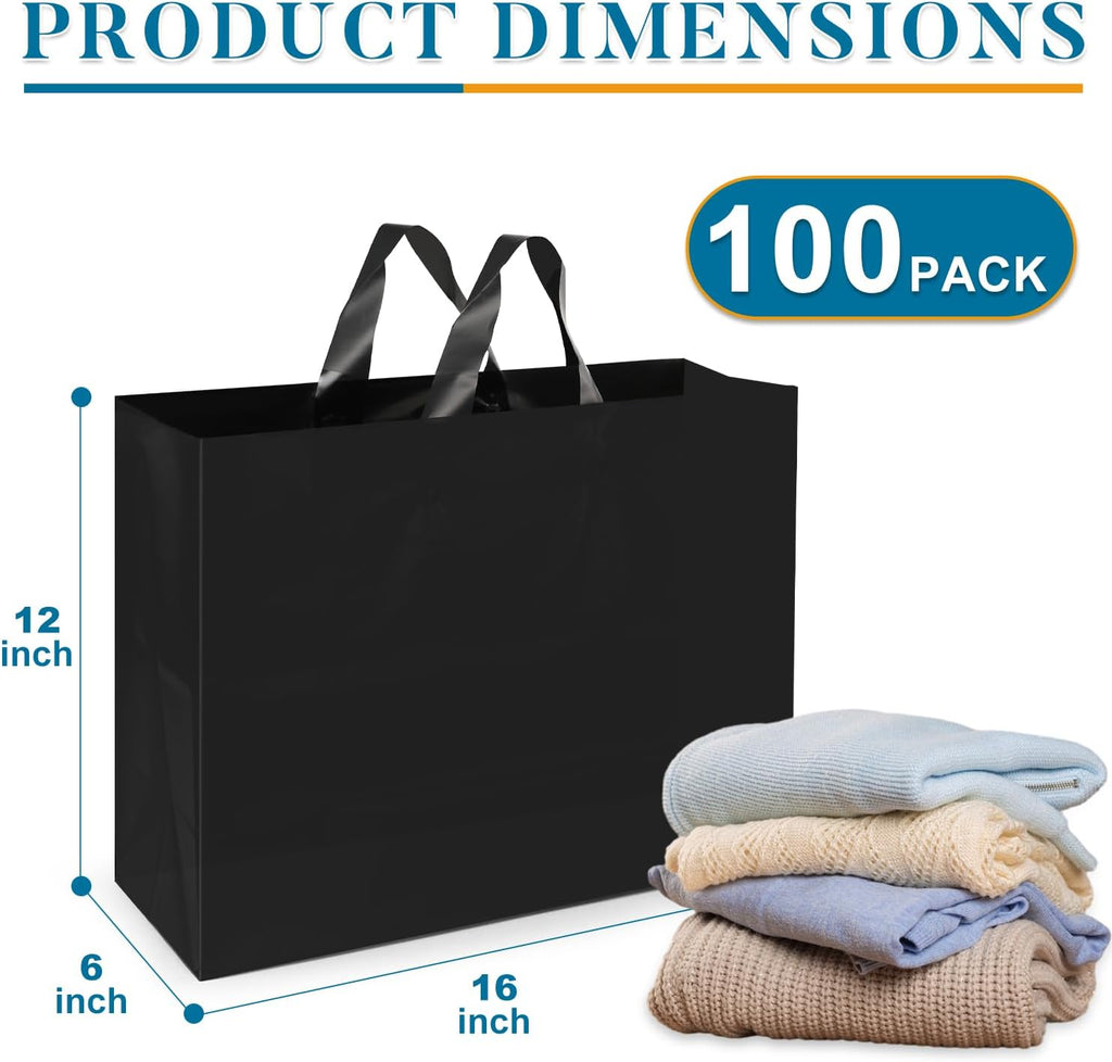 100P Large Plastic Gift Bags with Handles,16x6x12 Black Plastic Bags