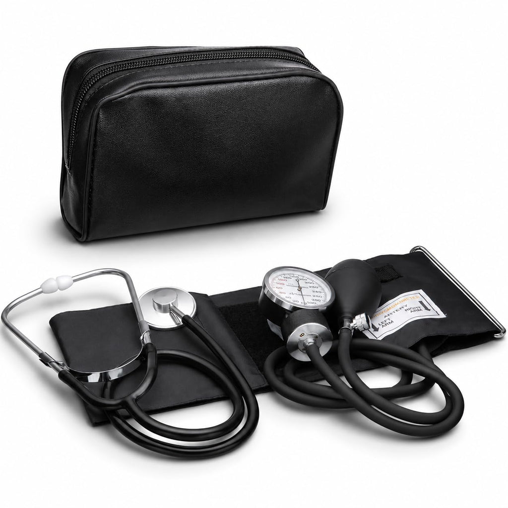 Adult Size Self Taking Black Aneroid Sphygmomanometer, Stethoscope Kit - Professional Blood Pressure Machine with