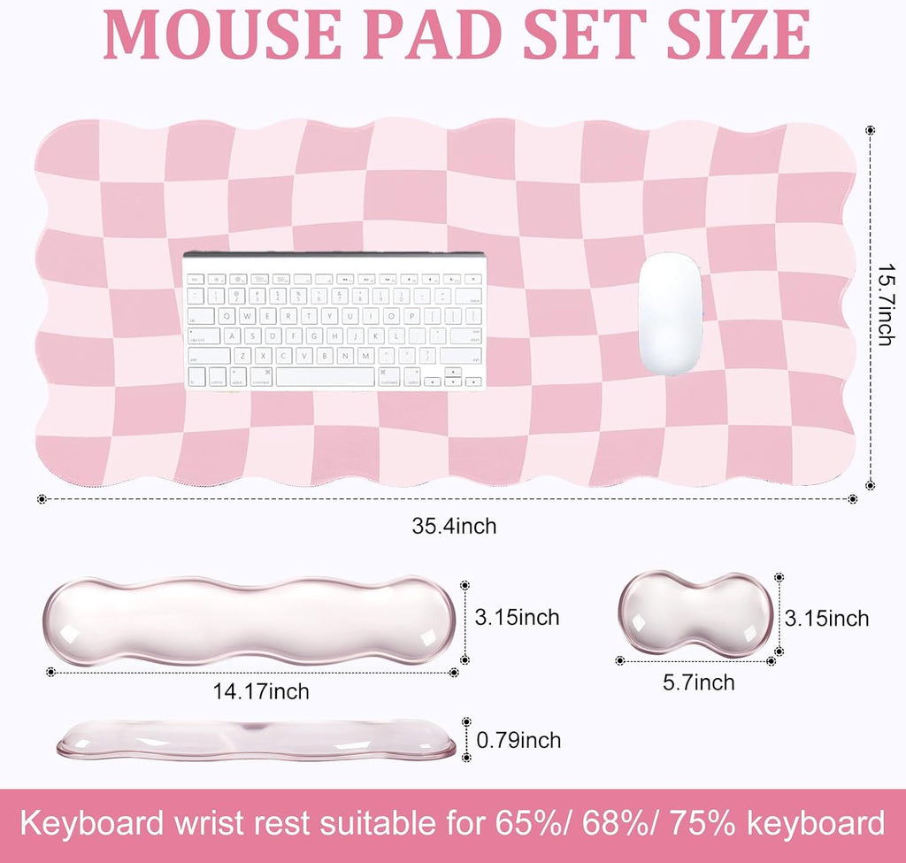 Pink Checkered Mouse Pad Set,Scalloped Pastel XXL Desk Mat Set | Desk Mat+Ergonomic Mouse Wrist Rest+Gel Keyboard