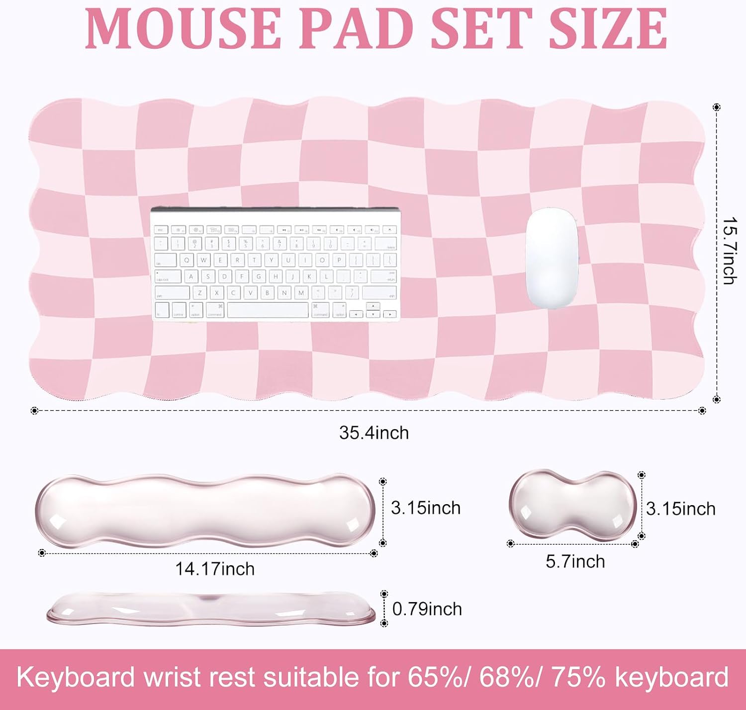 Pink Checkered Mouse Pad Set,Scalloped Pastel XXL Desk Mat Set | Desk Mat+Ergonomic Mouse Wrist Rest+Gel Keyboard