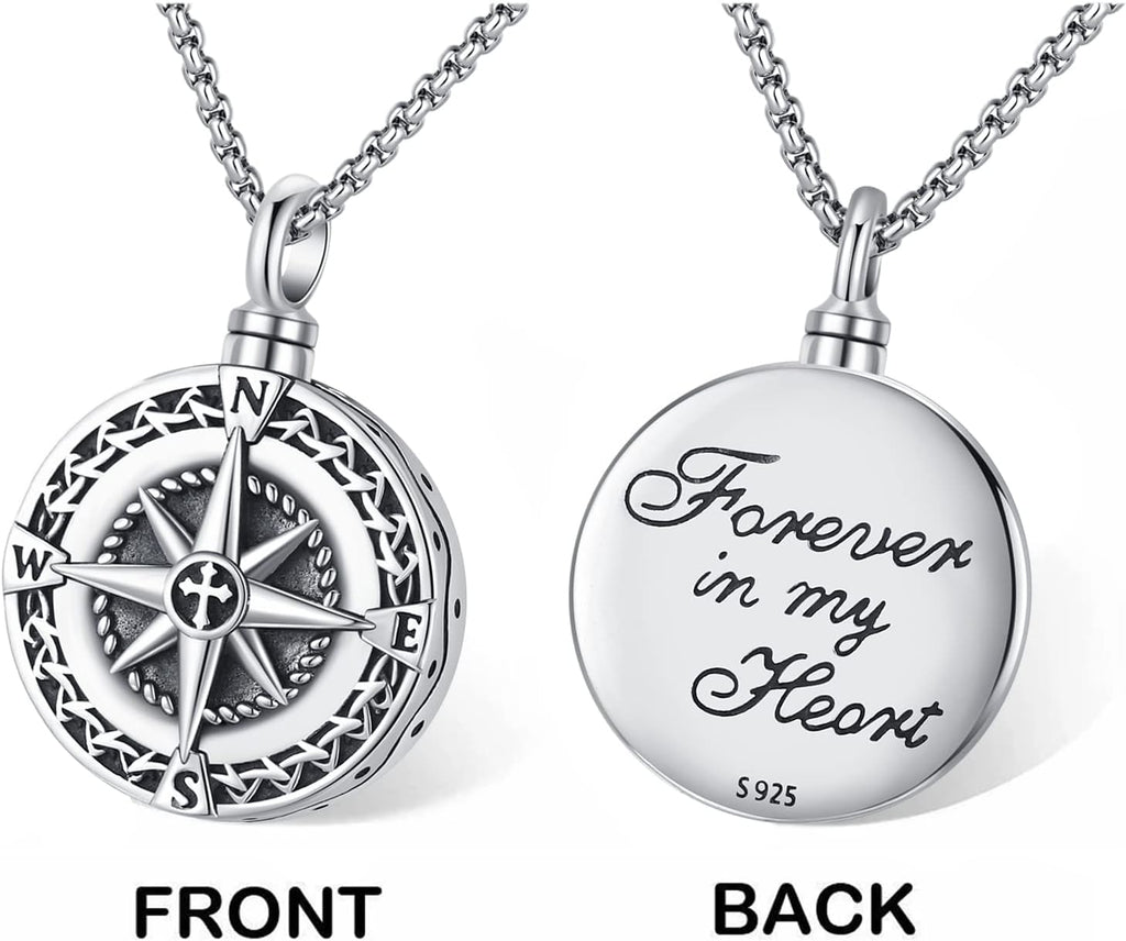 Compass Necklace for Women Men 925 Sterling Silver Pendant Urn Necklaces for Ashes Picture Locket Necklace Anchor
