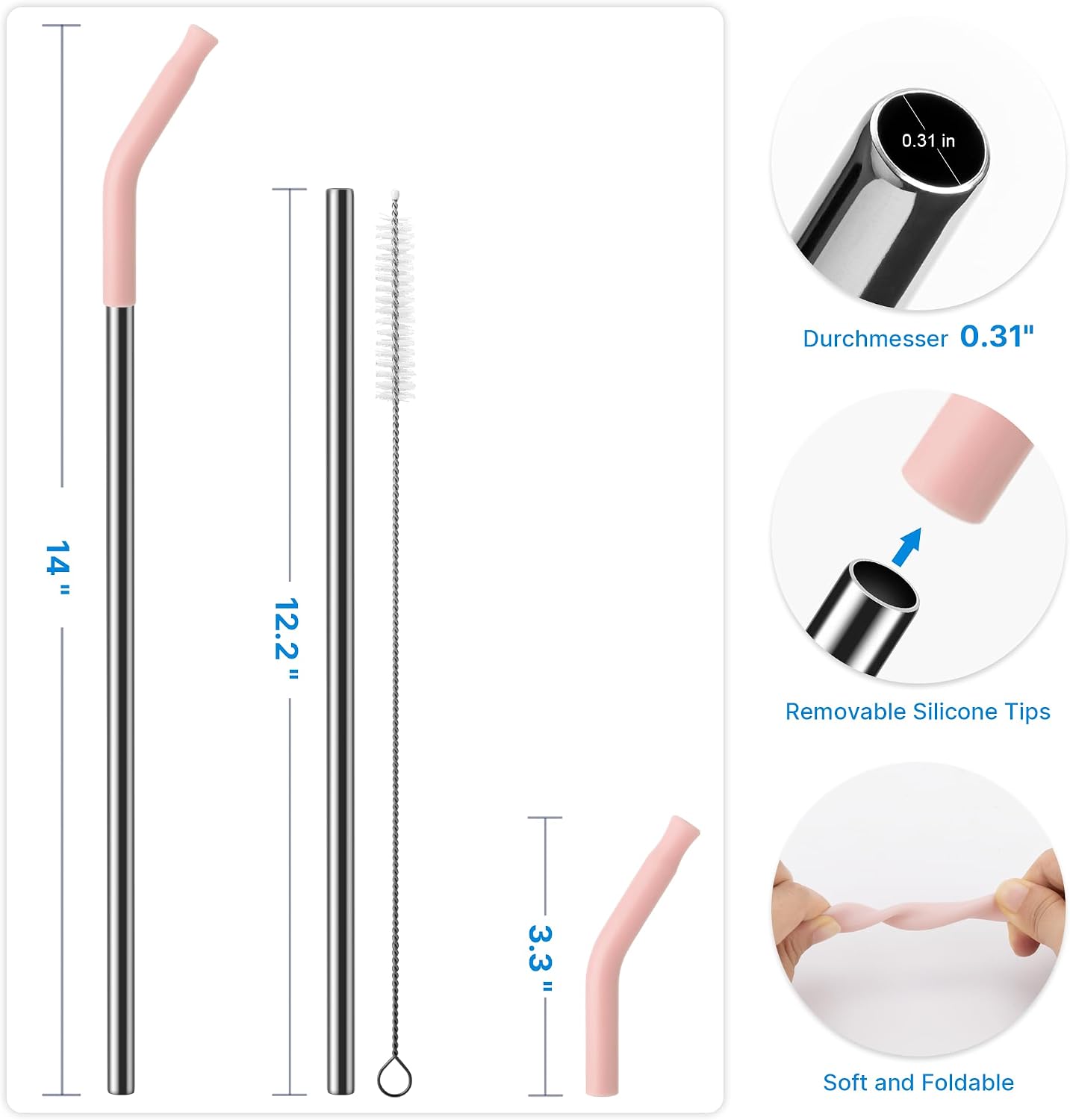 Metal Straw with Silicone Tip for 40oz Stanley Cup, 2 Pcs Stainless Steel Straws Replacement for Stanley 40 oz