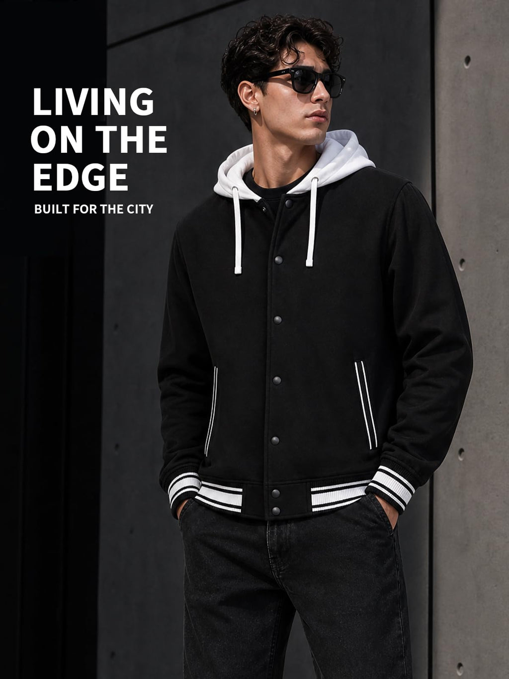 Men Varsity Jacket Hooded Sweatshirt Baseball Sports Jacket Black-M