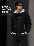 Men Varsity Jacket Hooded Sweatshirt Baseball Sports Jacket Black-M