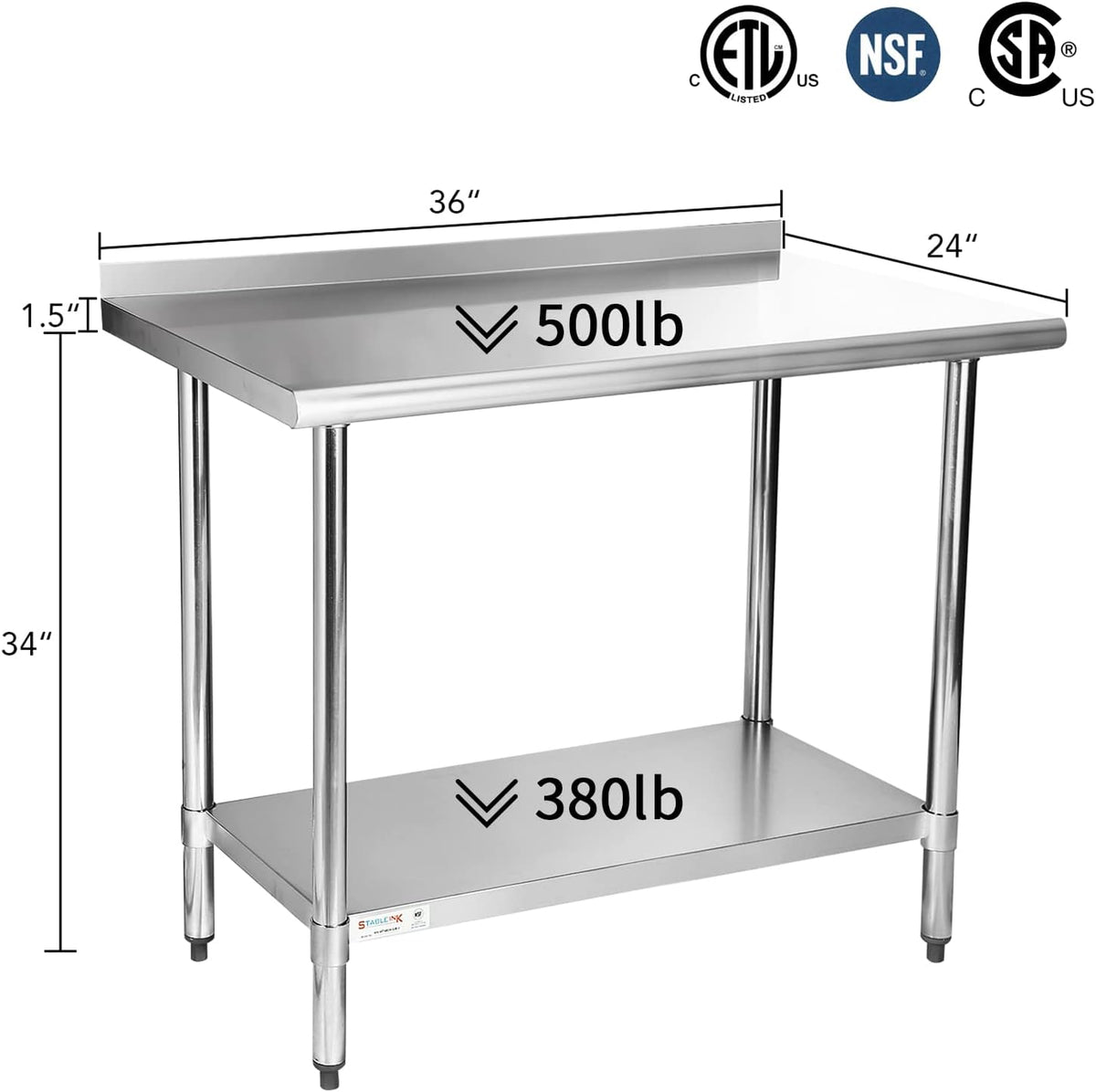 Stainless Steel Table with Backsplash 36x24 Inches for Prep