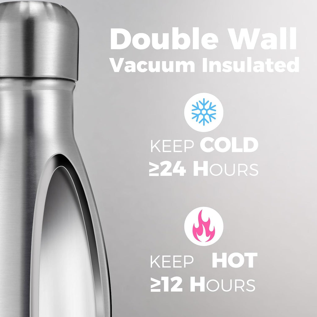 17oz Insulated Stainless Steel Water Bottle, Double Wall Vacuum Flask, Keeps Cold 24h & Hot 12h, Available in Packs