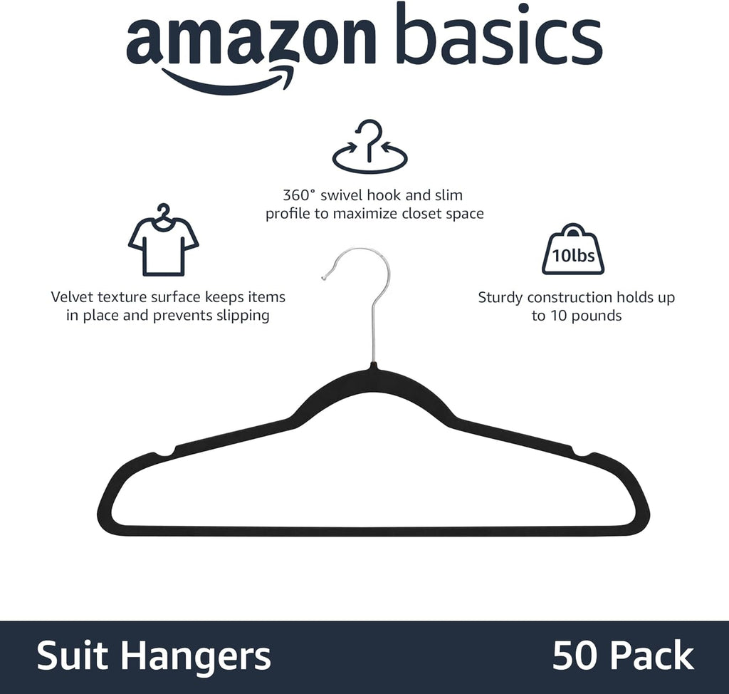 Slim Velvet Non-Slip Space Saving Suit Clothes Hangers, Closet Organizer, Black, 50-Pack
