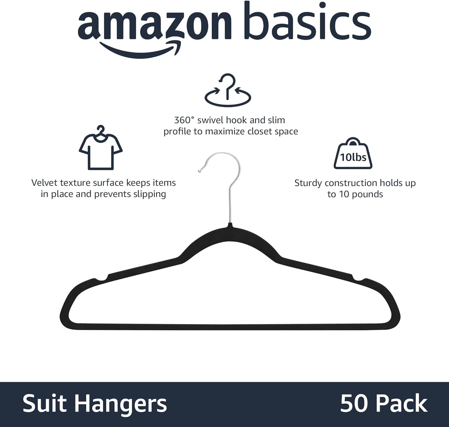 Slim Velvet Non-Slip Space Saving Suit Clothes Hangers, Closet Organizer, Black, 50-Pack