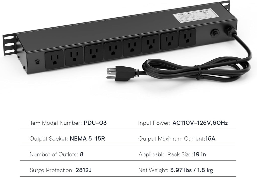8 Outlet Horizontal 1U Rack Mount PDU Power Strip with Surge Protector - 110V/15A - 6ft Power Cord for Network Server