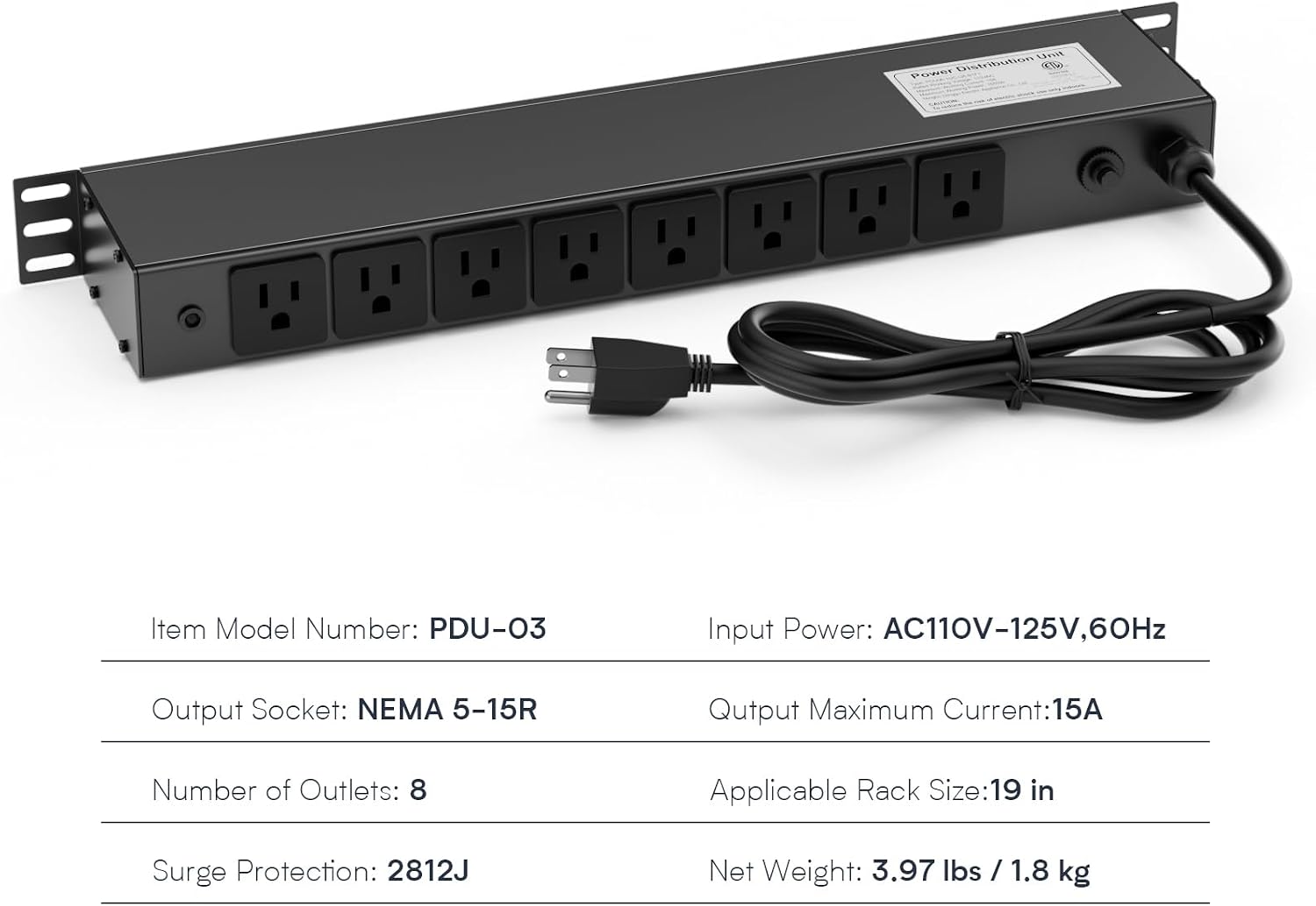 8 Outlet Horizontal 1U Rack Mount PDU Power Strip with Surge Protector - 110V/15A - 6ft Power Cord for Network Server