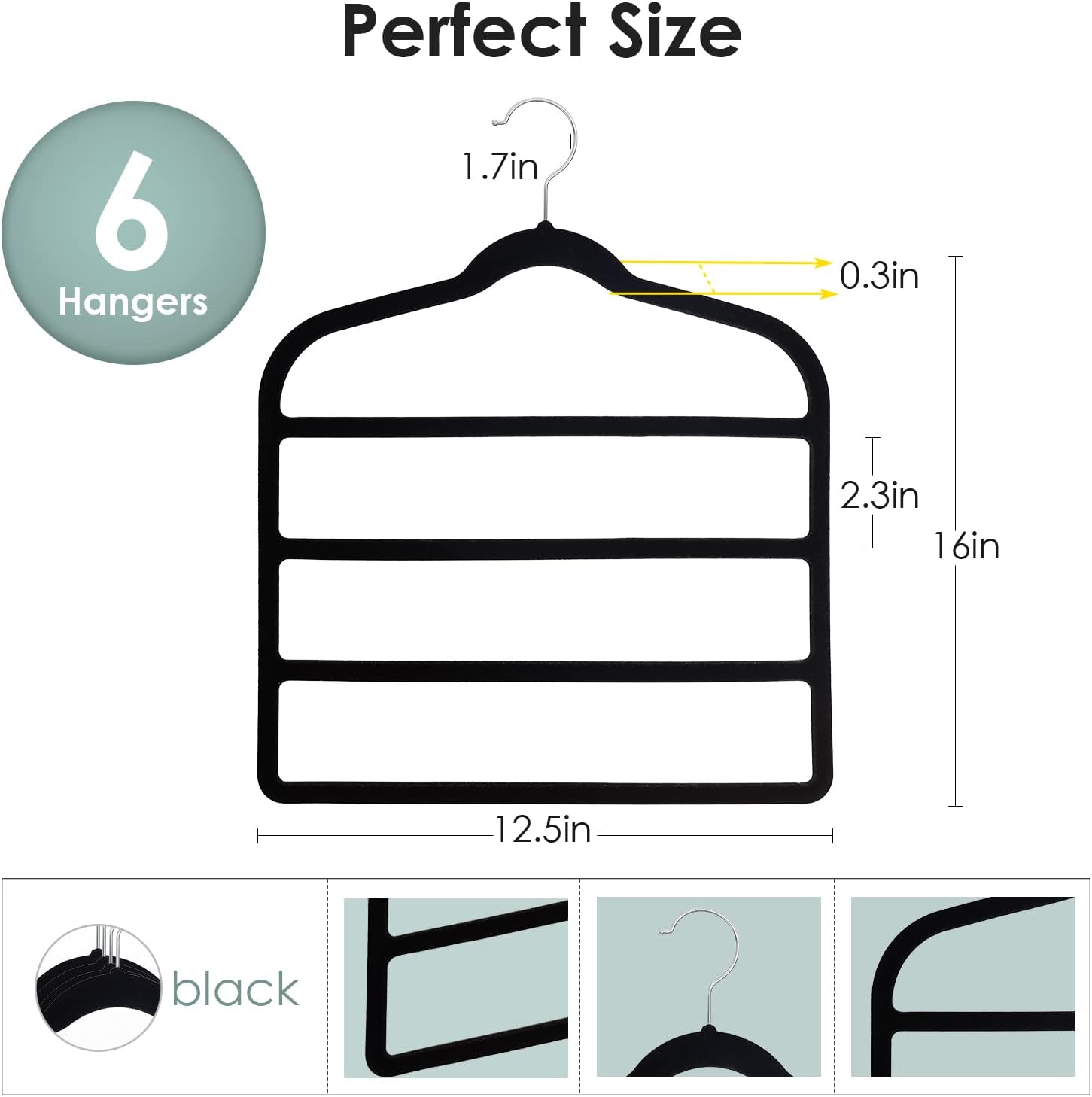 Velvet Hangers Space Saving Non Slip Pant Velvet Hangers Multi Layer Hanger | 6 Pack Black Clothes Hangers Closet