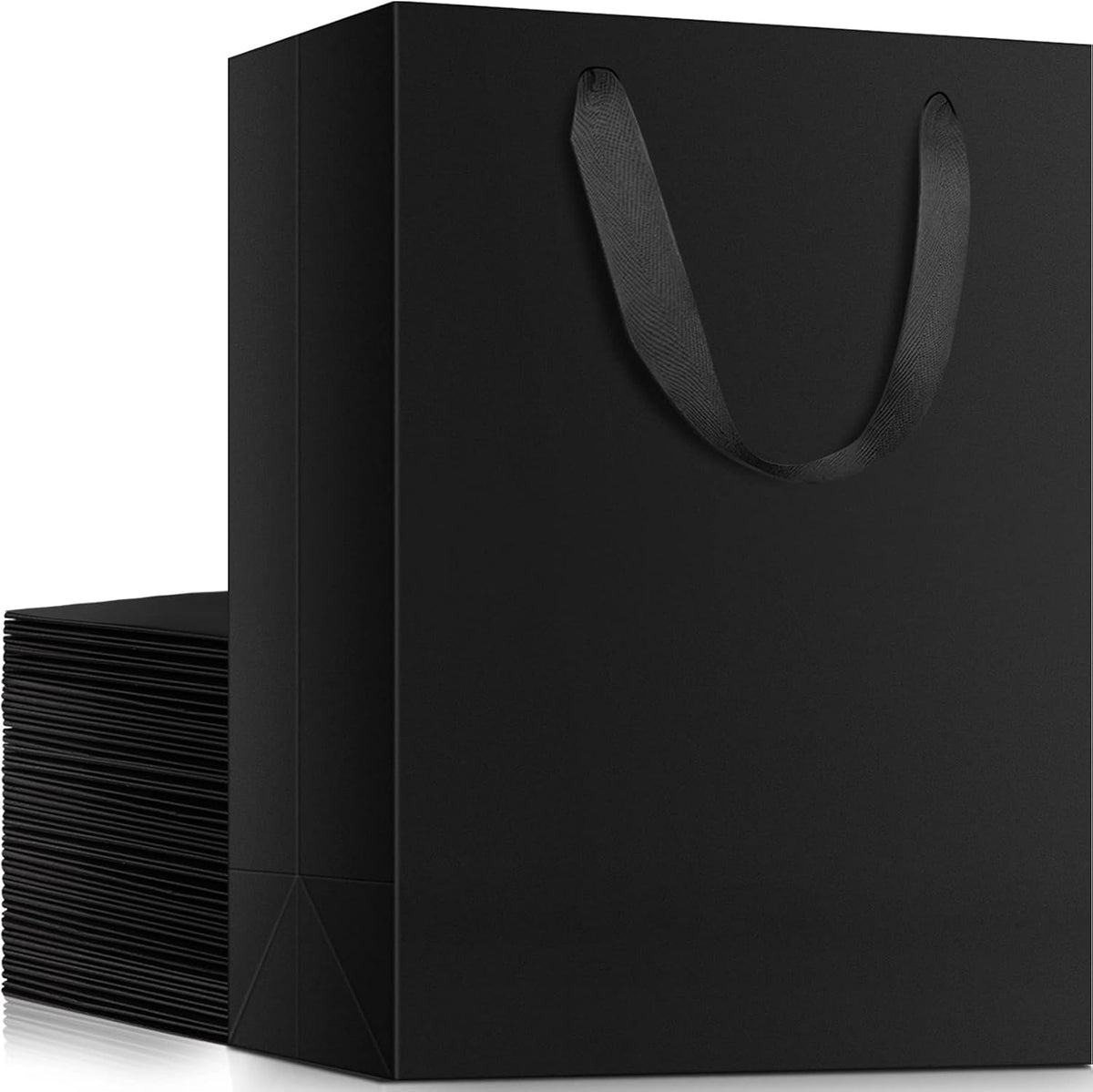 Shopping Bags for Boutique, 20pcs 7.8" x 3.9" x 11" Medium Sturdy Black Kraft Paper Gift Bags with Cloth Handle Bulk