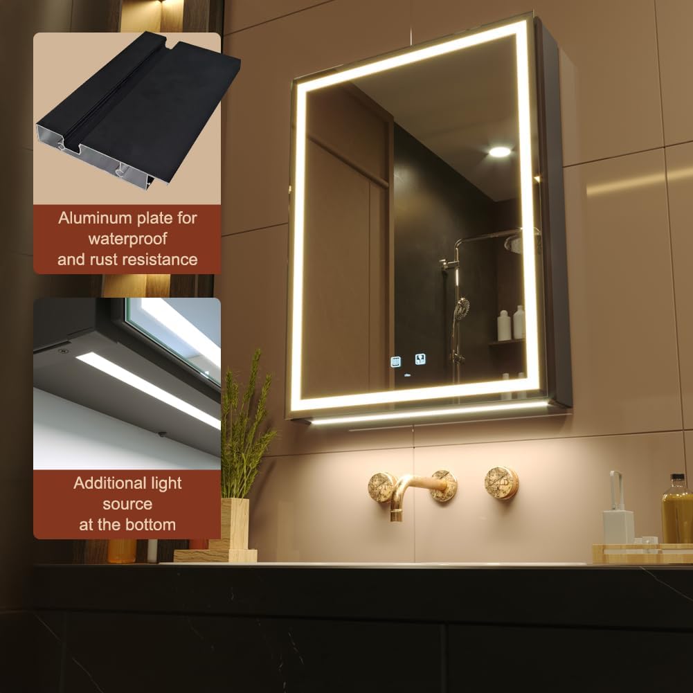 LED Bathroom Mirror Cabinet, Light Adjustment, Anti-Fog, Sockets&USBs