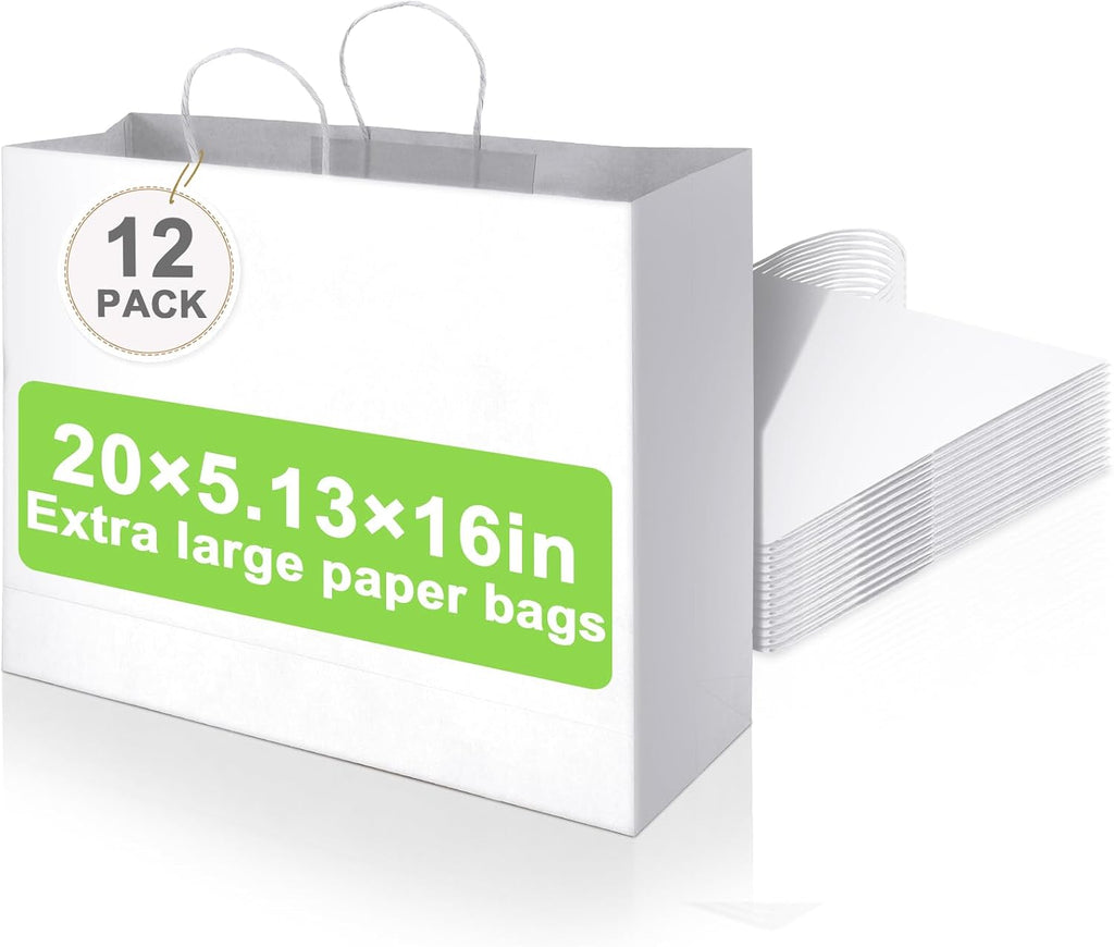 12 Pack 20 x 16 x 5 Inch Extra Large White Paper Bags with Handles