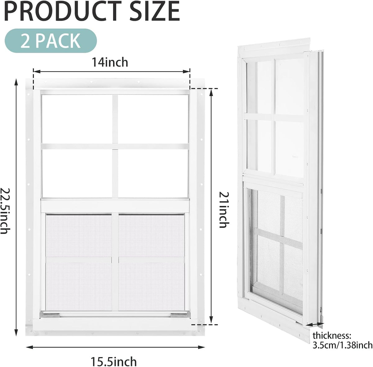 2 Pack 14'' x 21'' Shed Window White, Sliding Glass with Screen