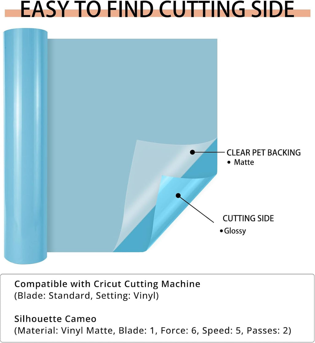 Light Blue Permanent Vinyl, 12" x 40 FT, Glossy Adhesive Vinyl Roll