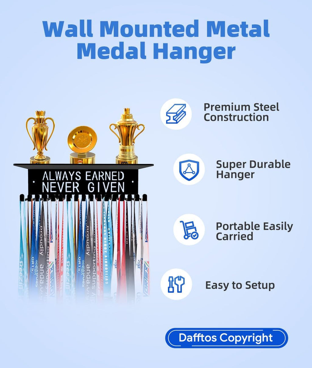 Awards Always Earned Never Given Medal Display Hanger Holder Bib Ribbon Rack Hooks Organizer Awards Ribbon Wall Mount