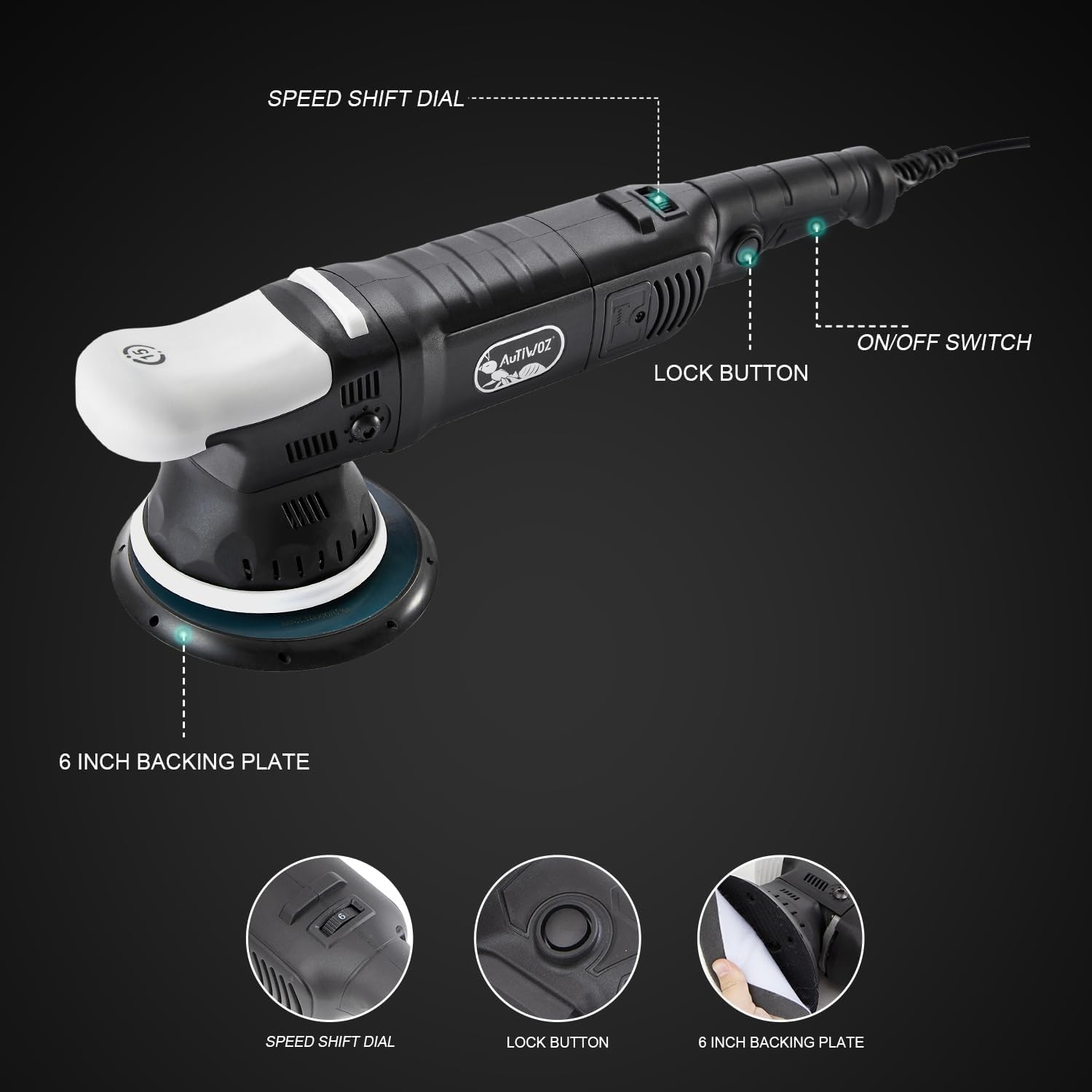 Car Buffer Polisher, 6-Inch Dual Action Polisher for Car Detailing, 15mm Random Orbital Car Polisher with 6 Variable