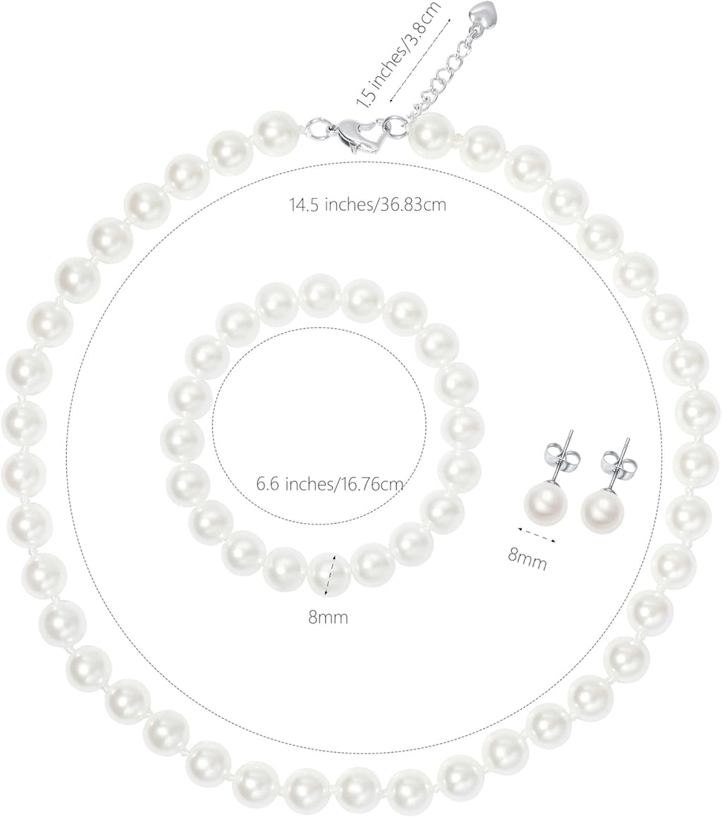 Pearl Necklace Set for Women and Girls, 8mm Glass Faux Pearl Includes Bracelet & Stud Earrings, 3-Piece Costume
