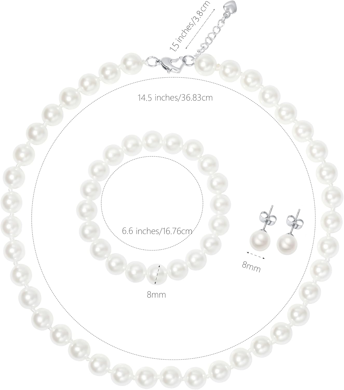 Pearl Necklace Set for Women and Girls, 8mm Glass Faux Pearl Includes Bracelet & Stud Earrings, 3-Piece Costume
