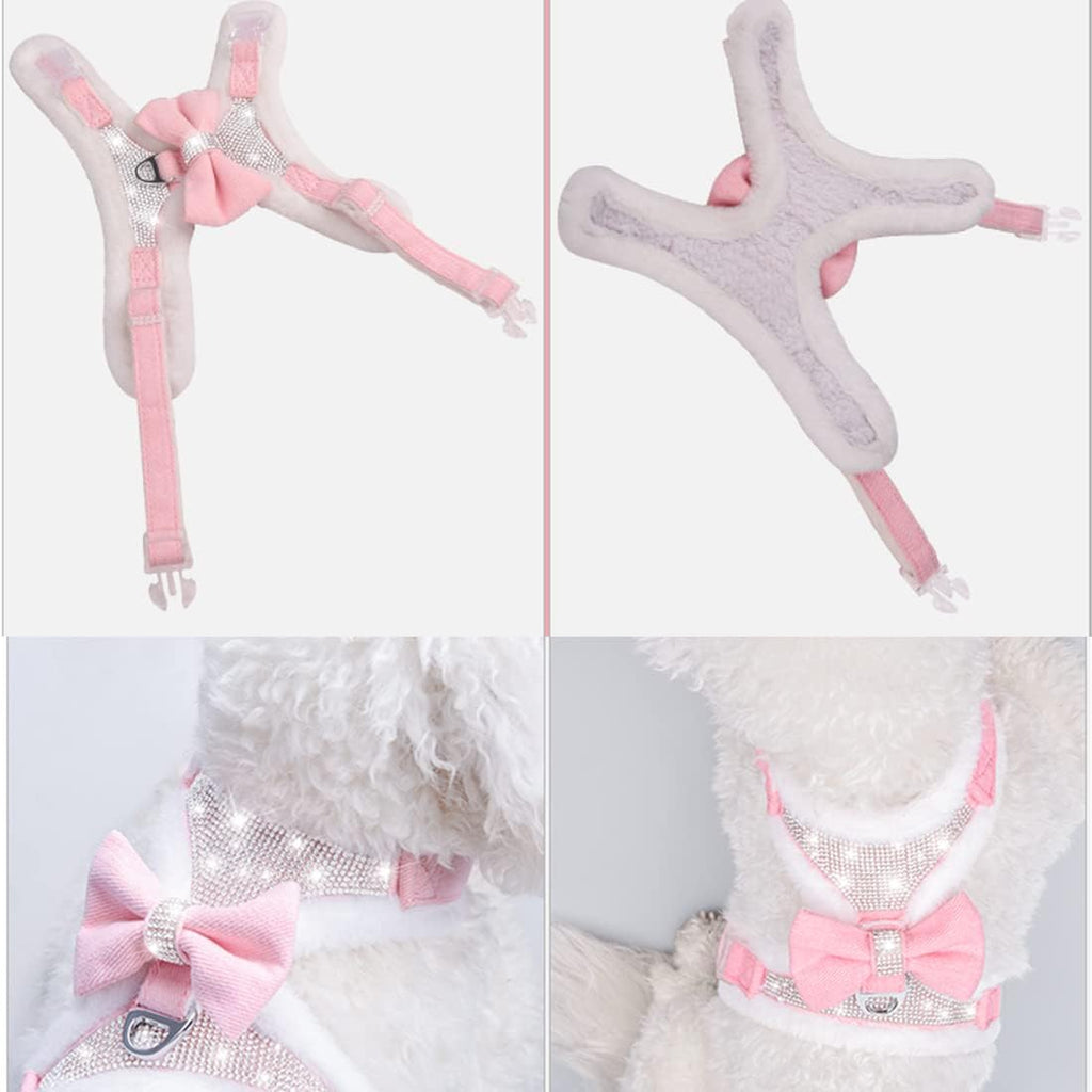 Plush Chest Straps for Dogs, Rhinestone Winter Dog Harness, Vest Bow Harness for Small Medium Dogs