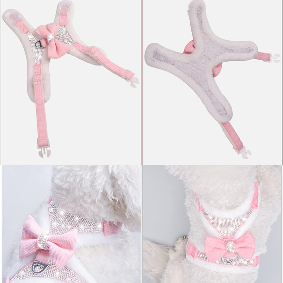 Plush Chest Straps for Dogs, Rhinestone Winter Dog Harness, Vest Bow Harness for Small Medium Dogs