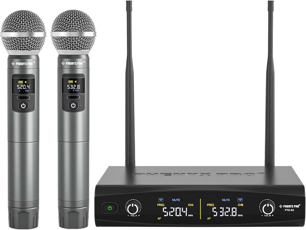 Dual UHF Tunable Frequency Wireless Microphone System PTU-52-2H | 2 Metal Mics, 2 x 30 Frequencies, 200 ft Range