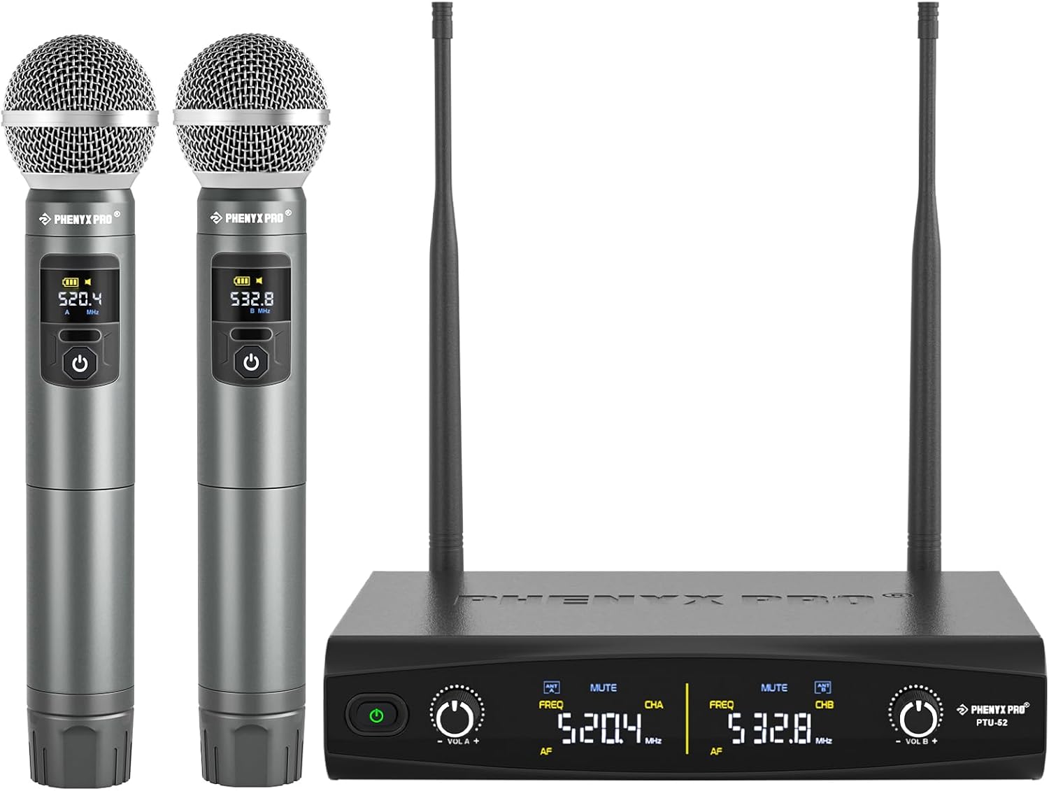 Dual UHF Tunable Frequency Wireless Microphone System PTU-52-2H | 2 Metal Mics, 2 x 30 Frequencies, 200 ft Range