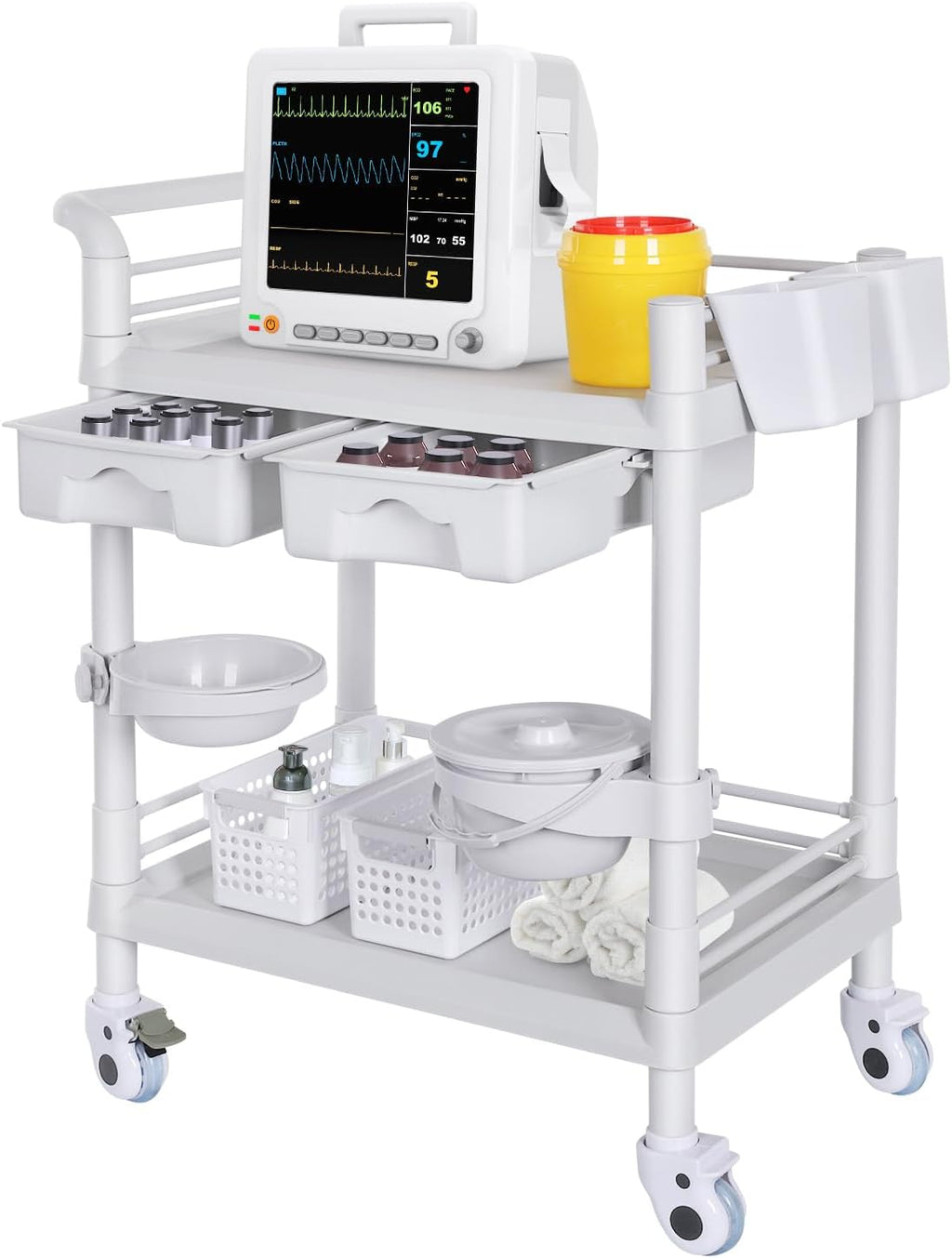 Medical Carts with Wheels 2 Tier Mobile Esthetician Cart 220 LBS Load Hospital Trolley Cart for Ultrasound Scanner
