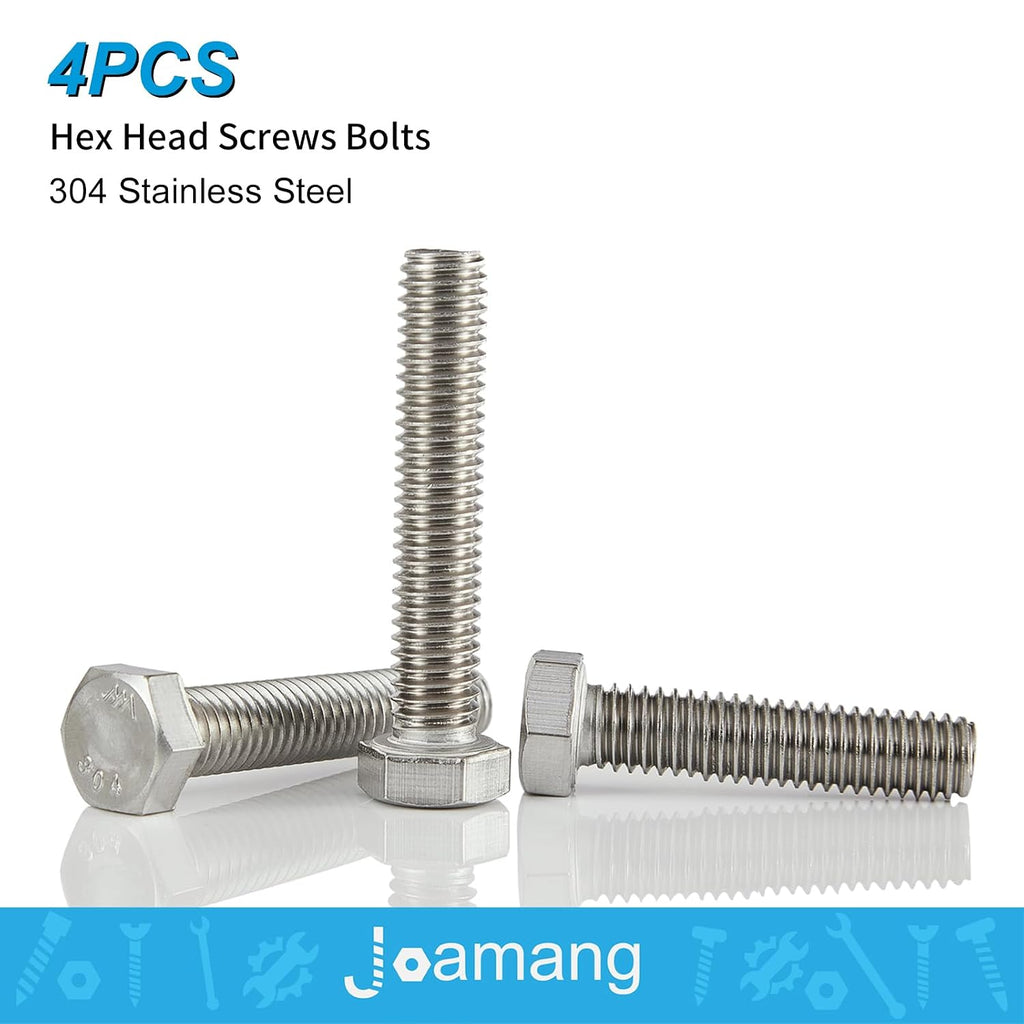 1/2-13 x 3 Hex Head Bolts, Stainless Steel 304, Hexagon Head Screws, UNC Coarse Thread, Bright Finish, Fully Threaded, Quantity 4