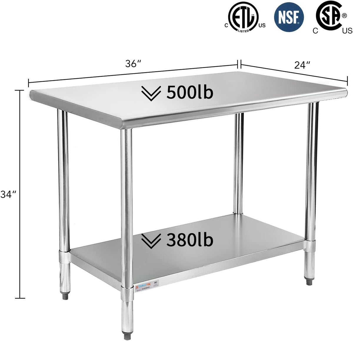 18-Gauge Stainless Steel Prep Table with Undershelf 36”x24” 3ft