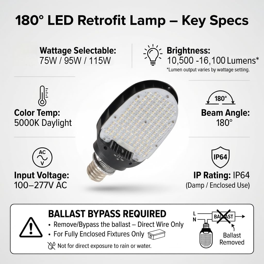 LED Shoebox Retrofit Lamp, 75/95/115W Selectable, 5000K, Rotatable E39 Base