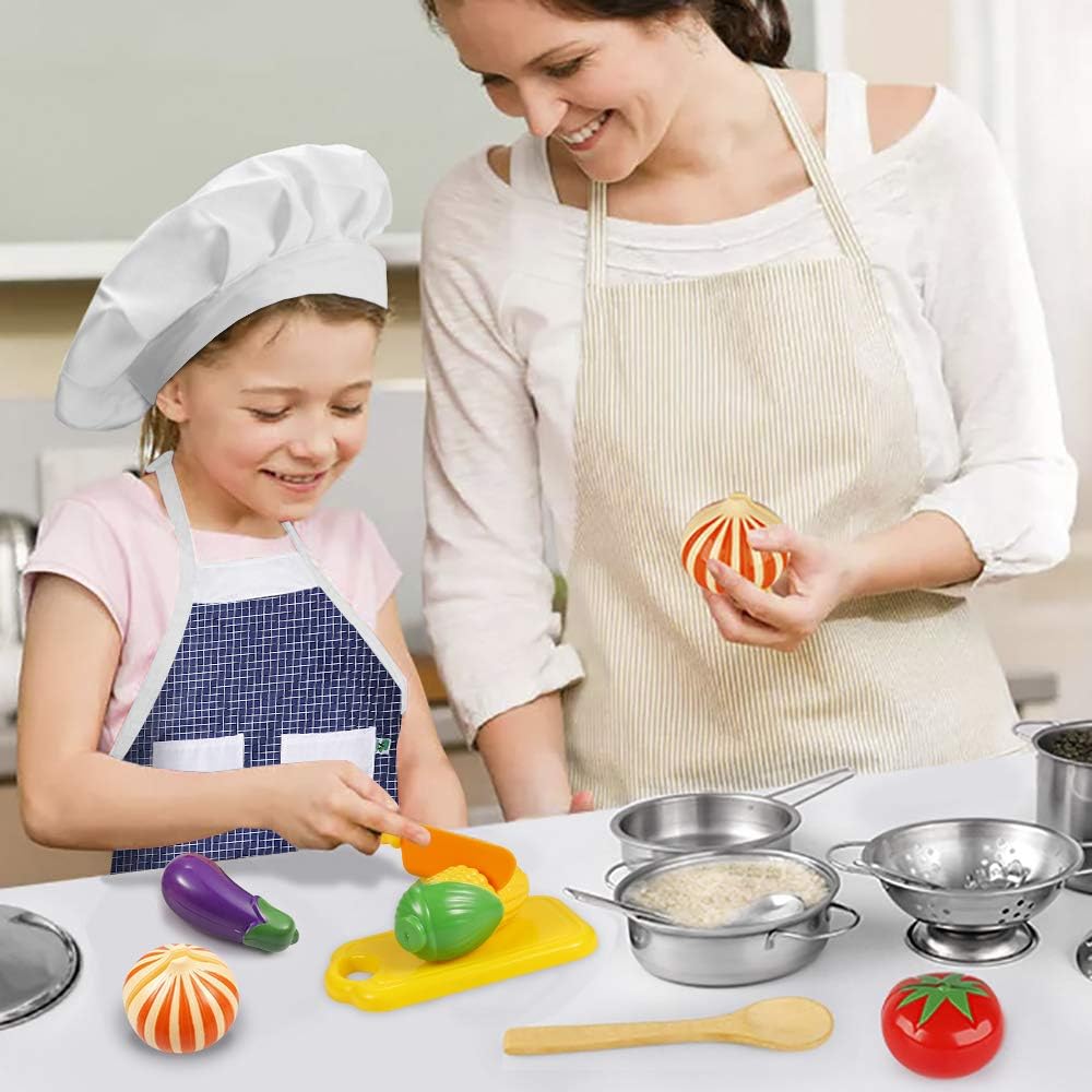 Play Kitchen Accessories, Kids Kitchen Pretend Play Toys, Kitchen Set with Stainless Steel Cooking Utensils Cookware