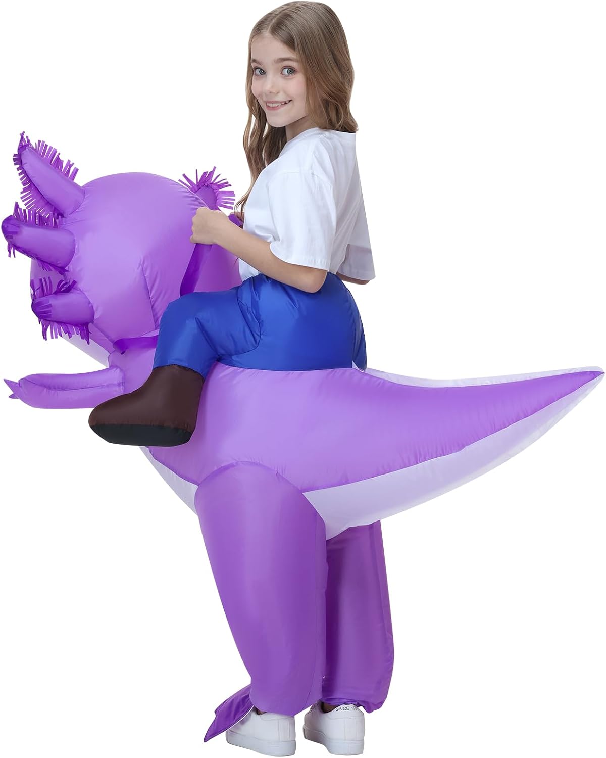 Kids Inflatable Axolotl Costume for Kids Purple Blow Up Ride-On Costumes Halloween Cosplay Outfit for Girls and Boys