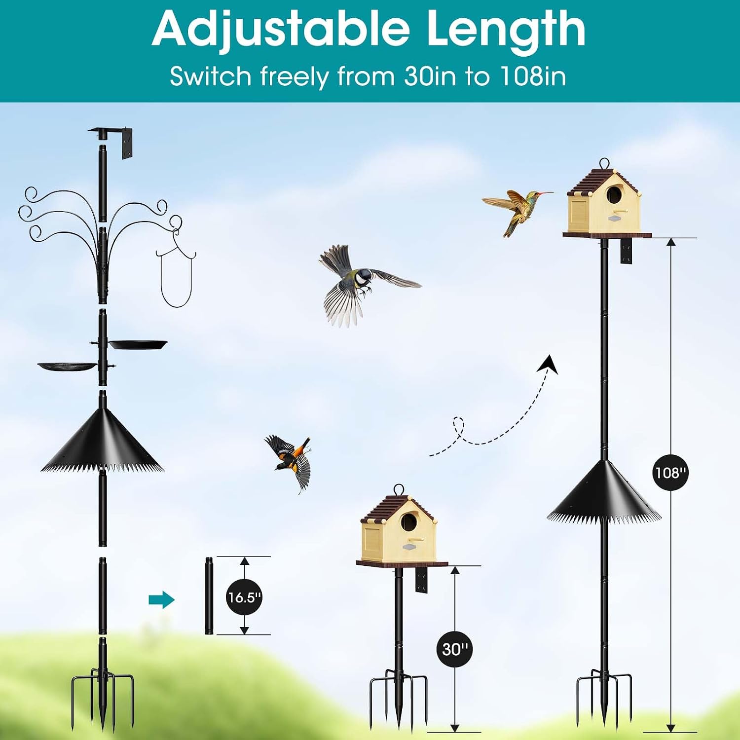 108 Inch Bird Feeder Pole Squirrel Proof, Heavy Duty Bird House Pole, Adjustable Bird Feeder Stand with 5 Shepherds