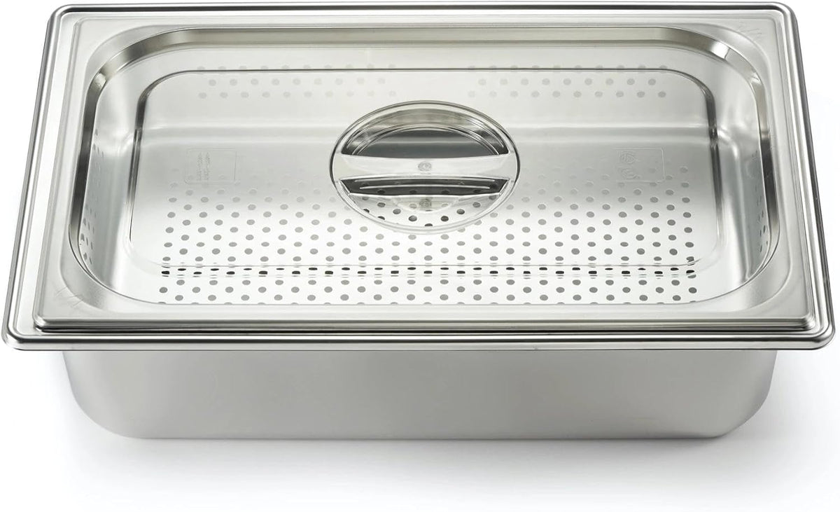 Full Size 4" Deep Perforated Hotel Pan with 6" Deep Water Pan & Clear Lid, Display Tray Condiment Serving Container